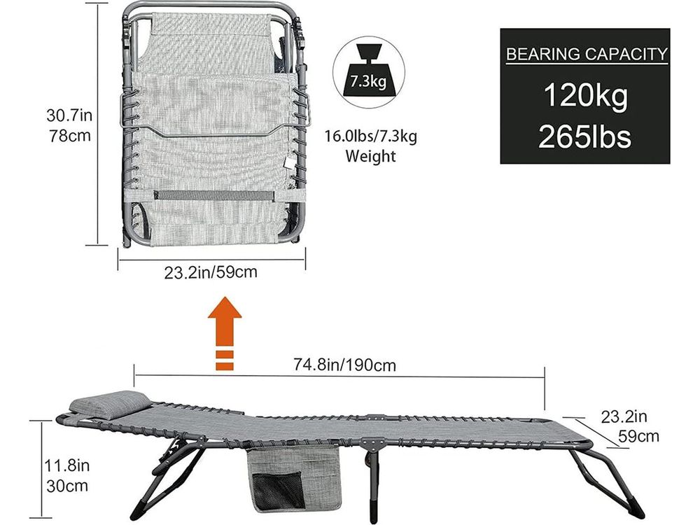 Foldable Patio Chaise Lounge Chair for Outdoor with Detachable Pocket and Pillow, Portable Adjustable Sun Lounger Recliner for Beach, Camping and Pool Style Your Walls